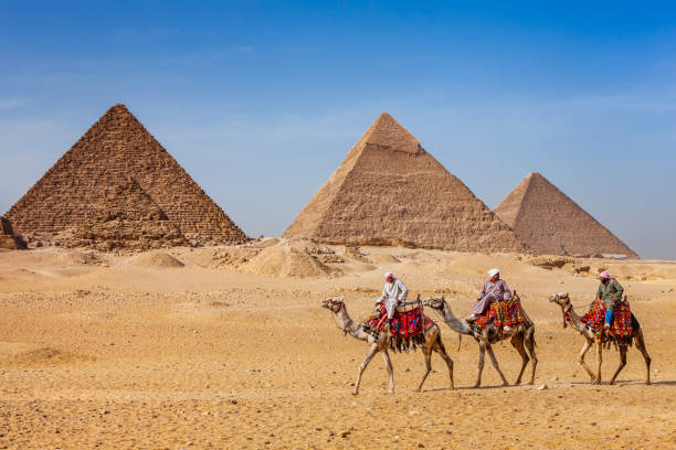 Bedouins riding on camels, pyramids on the background, Giza, Egypt.