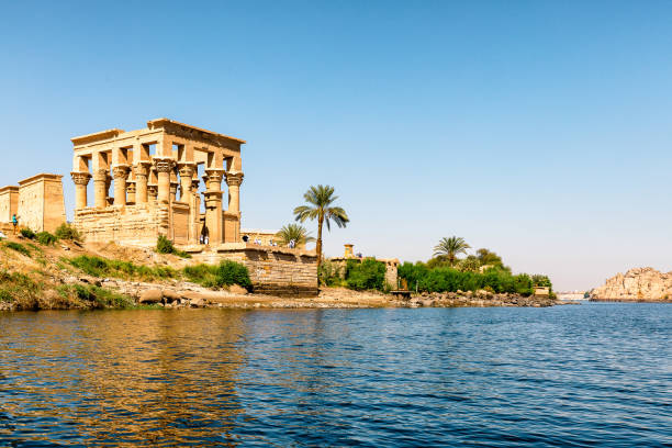 Temple of Philae in Aswan, Egypt is dedicated to the goddess Isis. It is located on an island and is accessible only by water taxi.